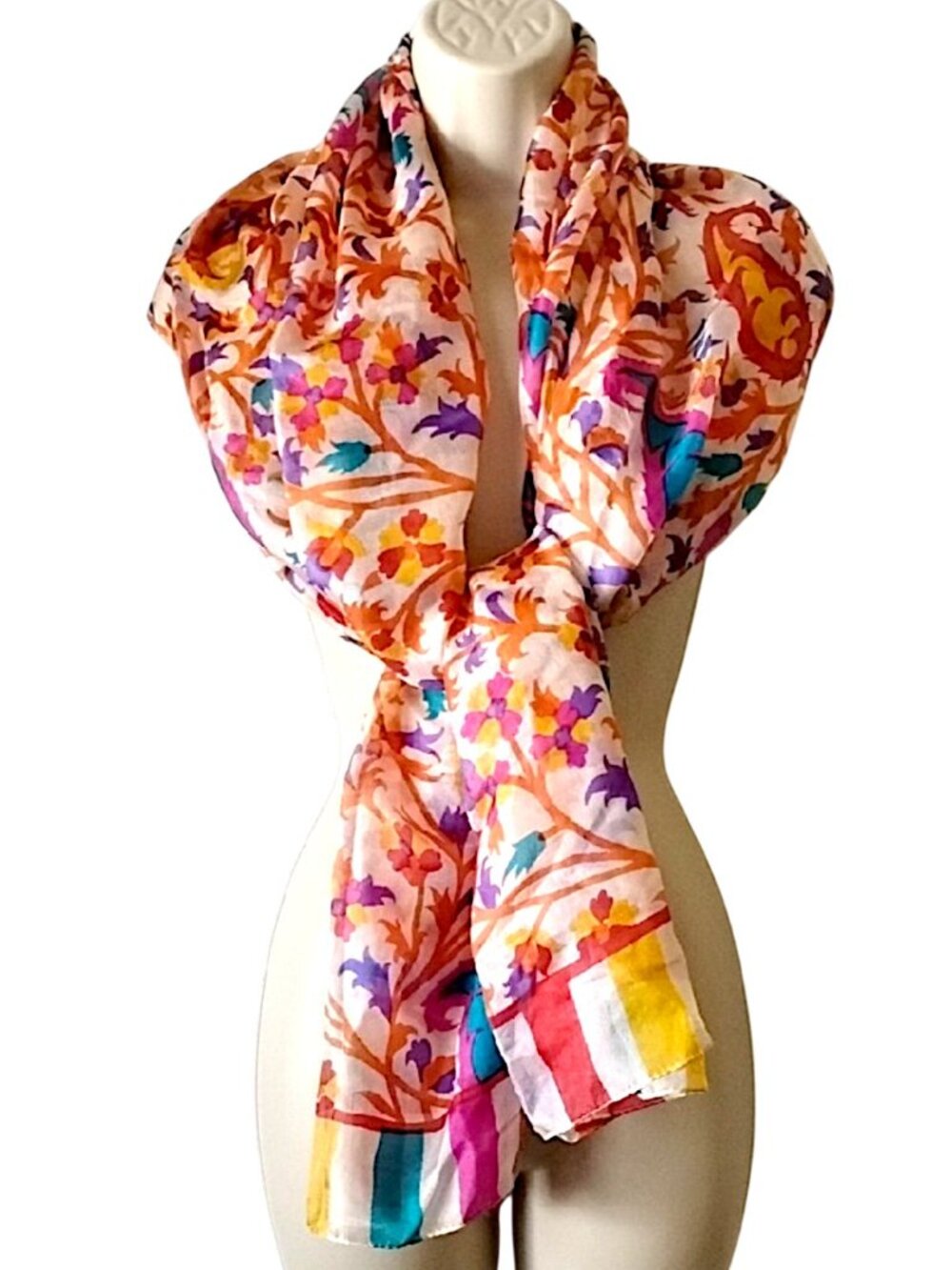 Paisley Silk Scarf 69x41 Ivory Orange Fuschia Aqua Yellow